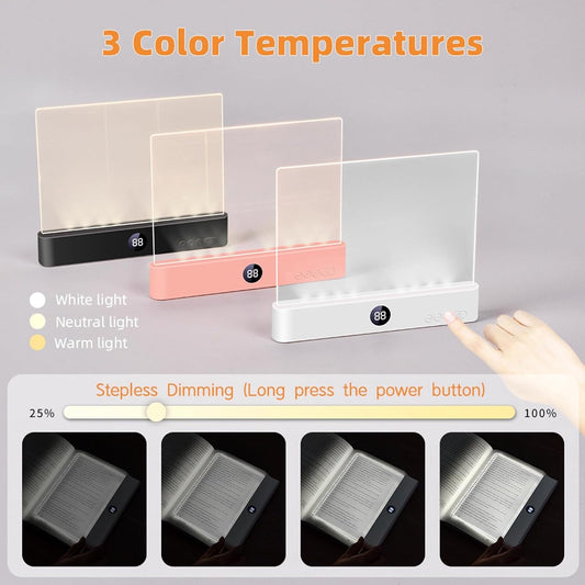 Rechargeable Page Reading Light with Timer, LED Book Panel Lamp with 3 Color Modes, Durable Clear Light Board, Brightness Adjustment, Bedside Reading Lamp for Night Reading (White)