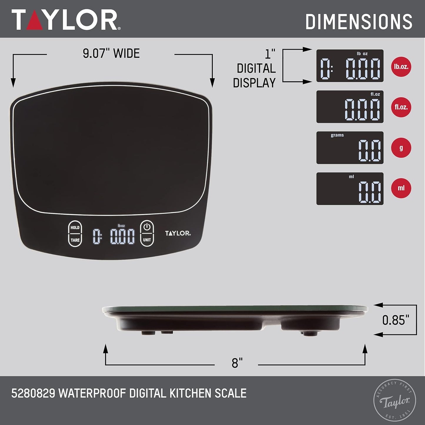 Taylor Waterproof Digital Kitchen Scale, 11 pounds, Black