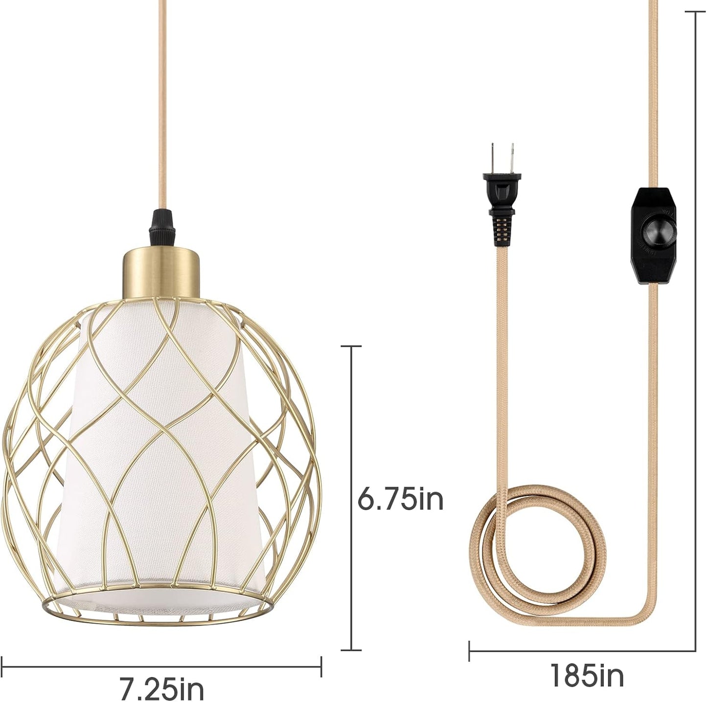 Plug-in Pendant Light, Hanging Lamp with Linen Shade, 15ft Golden Cotton Cord, Plug-in Light Fixture for Bedroom (Bulb Included)