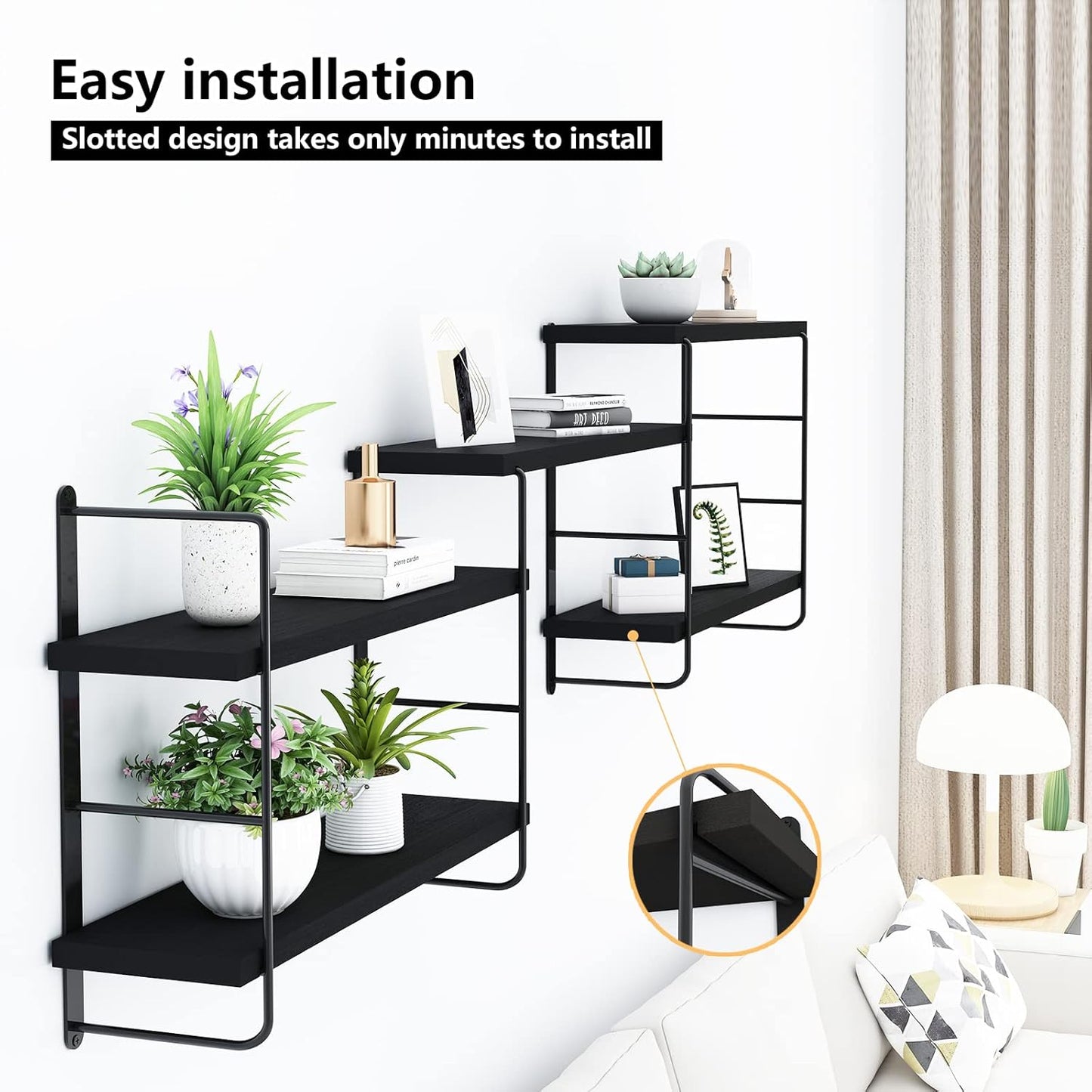 Wall Shelves, Wall Mounted Bookshelves, DIY Floating Shelves for Wall, Wood Hanging Book Shelves for Room, Bedroom, Living Room, Easy Installation (Black, 50W x 17H)