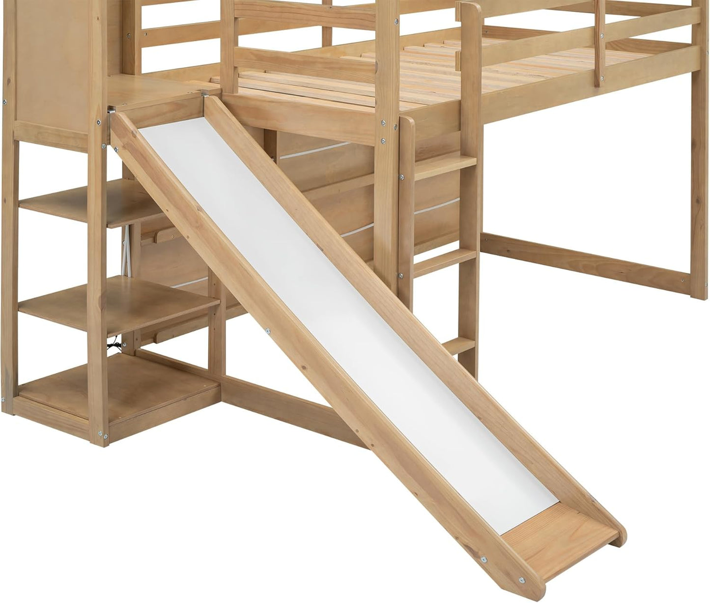 Modern Style 96.1" L Twin Size Wood Frame Loft House-Shape Bed,with Slide, Storage Shelves and Light, Climbing Ramp, Wood Color,1pcs