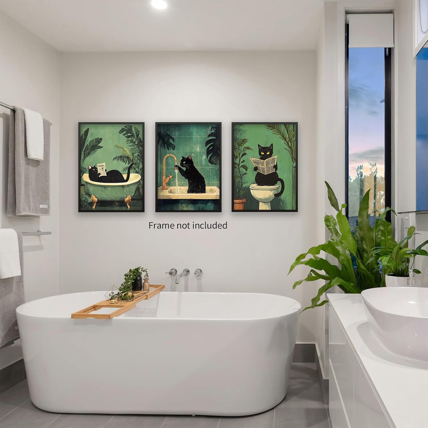 FuSatisYilife Fun Bathroom Black Set of 3 Cat Wall Art Funny Cat Wash Its Paws Reading Newspaper Poster Retro Animal in Bathtub Canvas Prints for Restroom Toilet Wall Decor 08x10 inch Unframed