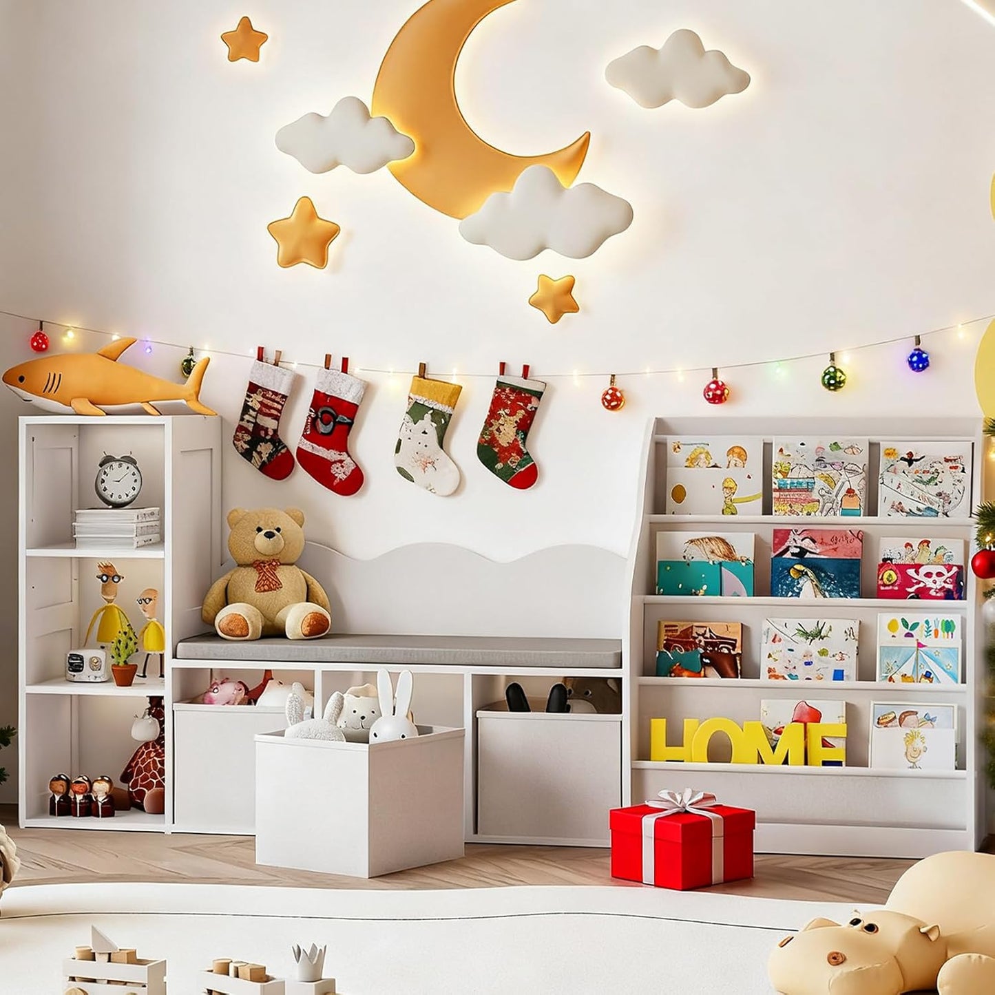 66.9" Kids Bookshelf with Reading Nook, 3-in-1 Kids Bookcase with Cushion and Sling Shelf, Toy Chest Storage with Fabric Drawers, Reading Nook for Kids, for Playroom, Nursery, White MCW08WB