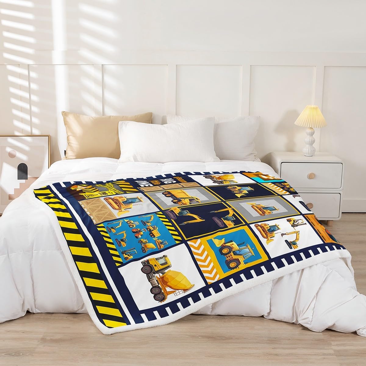 Excavator Throw Blanket for Boys Child, Equipment Truck Tractor Blanket, Cartoon Crane Cement Mixer Bulldozer Fleece Blanket 40"x50", Geometric Patchwork Bed Blanket Big Wheel Car Kids Car Room Decor