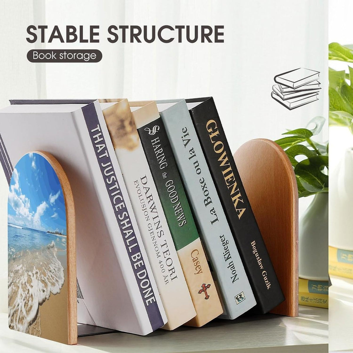 Sea and Beach Wooden Bookend Non-Slip Book Ends Heavy Duty Book Stopper with Metal Base Books Holderd Decorative Bookends Stands Firmly for Office Supplies