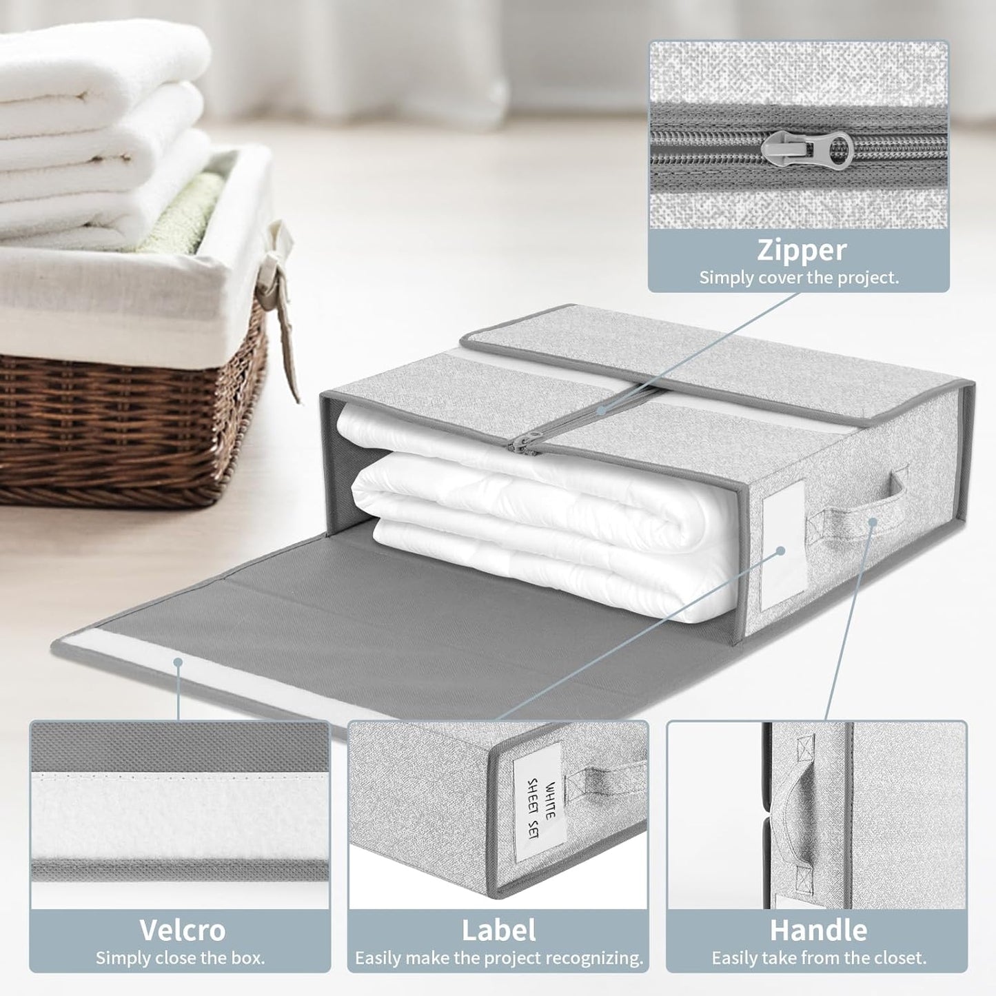 Gleiven 4-Pack Bed Sheet Organizers and Storage – Foldable Linen Fabric Storage Box with Label Slot, Closet Organizer for Bedding Sheets, Duvet Covers, and Pillowcases-gray