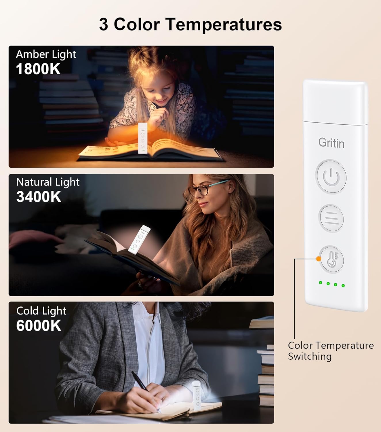 Gritin Book Light Rechargeable, Eye Caring 3-Color & 5-Brightness Clip on LED Reading Light for Books in Bed- Stepless Dimming, Long Lasting, Compact Size Flexible Book Lamp for Bookworms