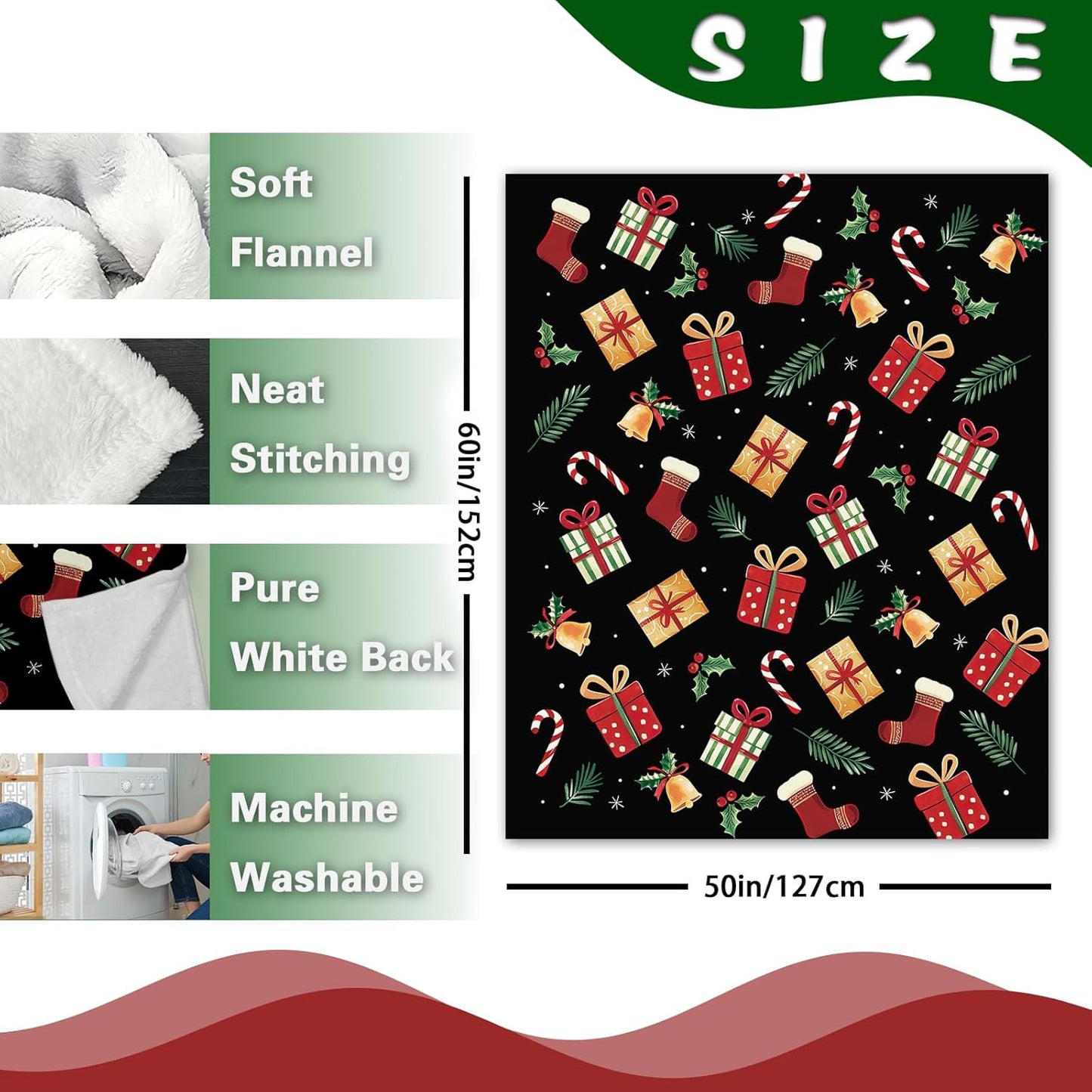 Black Flannel Throw Blanket, Xmas Candy Cane Stocking Jingle Bell Holly Berries Birthday Present for Kids Men Women, Winter Holiday Soft Blankets for Bedding Sofa 50 x 60 Inches