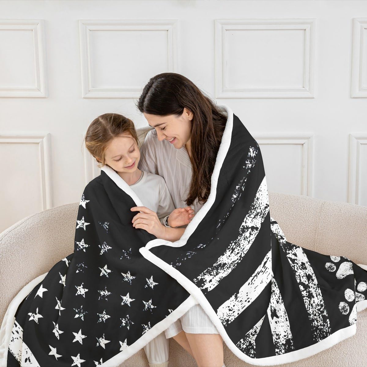 Dog Paws Print Kids Throw Blanket,American Flag Stripes Patriotic Bed Blanket,Girls Boys Adults Sofa Decor,Cute Animals Pets Fleece Blanket,Black White Retro Fuzzy Blanket,Throw Size (50 x 60 Inches)