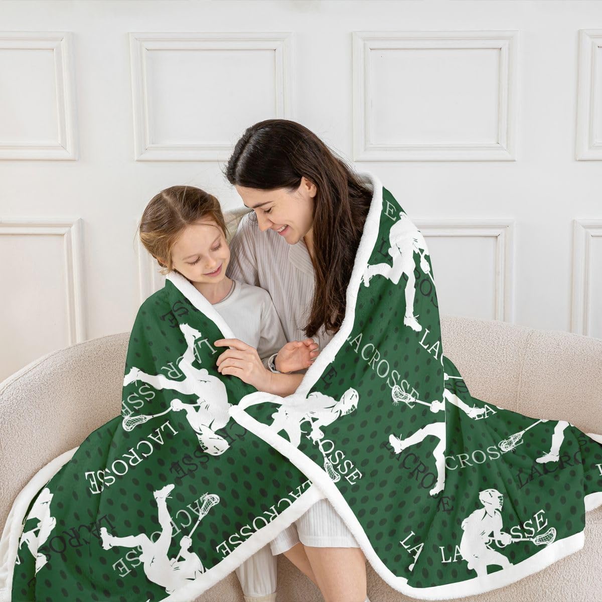 Feelyou Boys Lacrosse Sherpa Blanket Throw 50"x60" Lacrosse Player Pattern Fleece Throw Blanket for Kids Girls Sports Theme Green Decor Bedroom