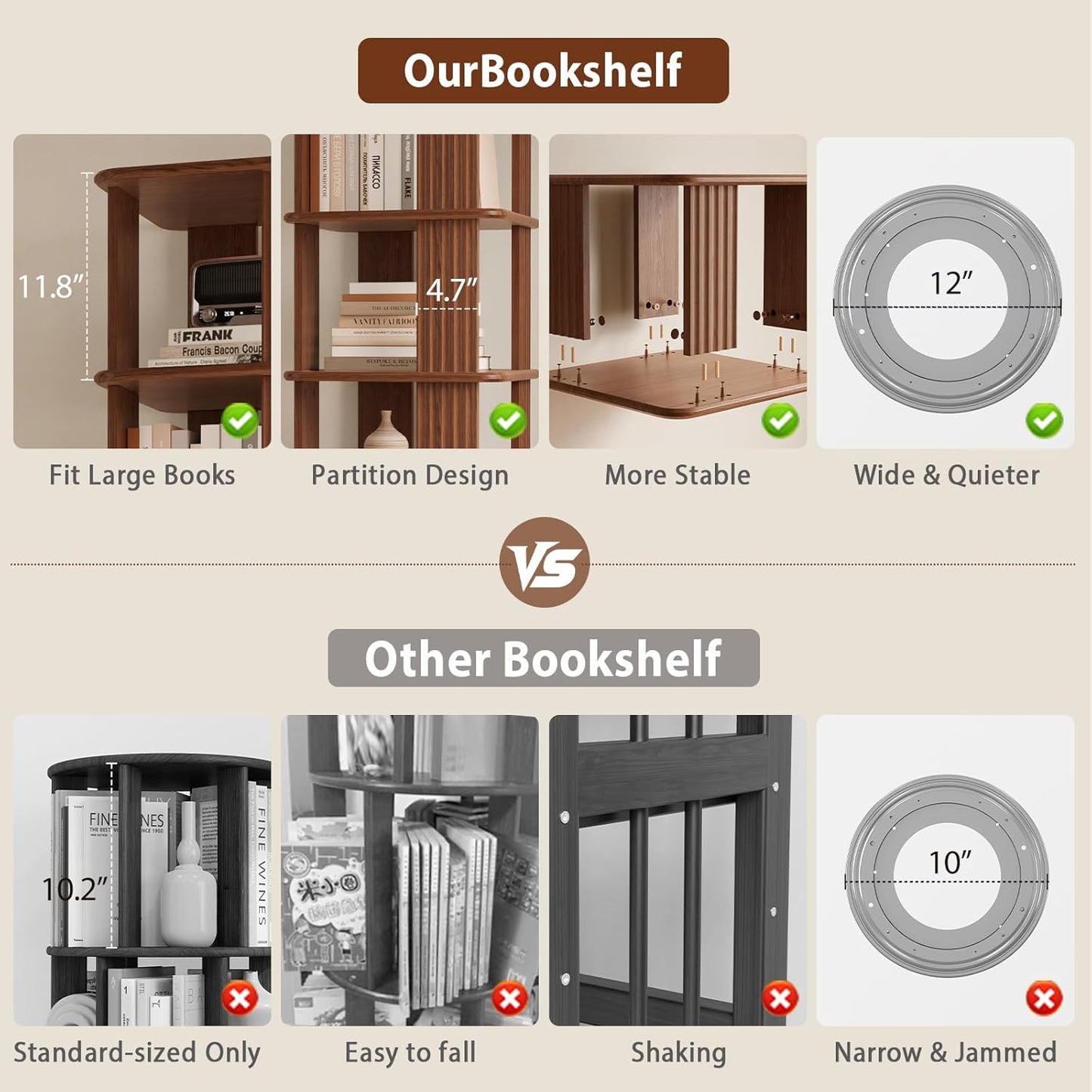Solid Wood Rotating Bookshelf, 6-Tier Rolling Bookcase，360 Degree Revolving Bookshelf，Spinning Bookshelf Tower for Small Spaces, Bedroom，Office，Living Room，Classroom (Walnut)