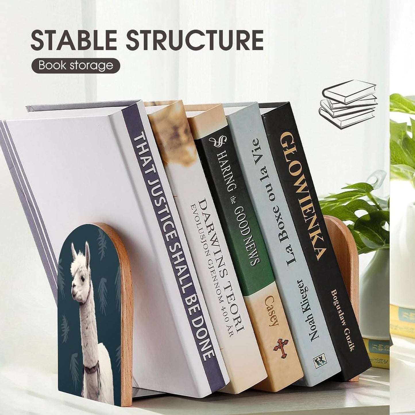 Alpaca Llama Bookends 1 Pair Heavy Duty Book Ends for Shelves Non-Skid Bookend Supports Wooden Book Holders with Metal Base Desk Organizers Books Storage to Hold Books