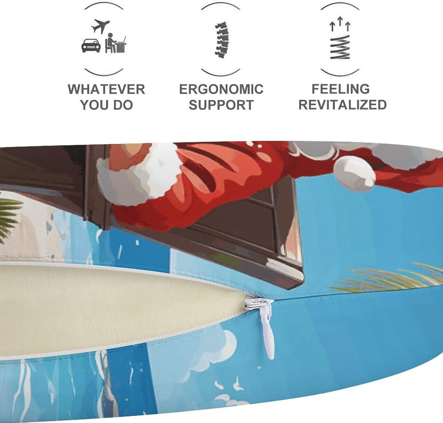 Santa Claus at Beach Neck Pillow Memory Foam U Shaped Pillows Portable Pillows for Shoulder Travel Head Support Pillow with Concealed Zipper for Airplane Car Home Office