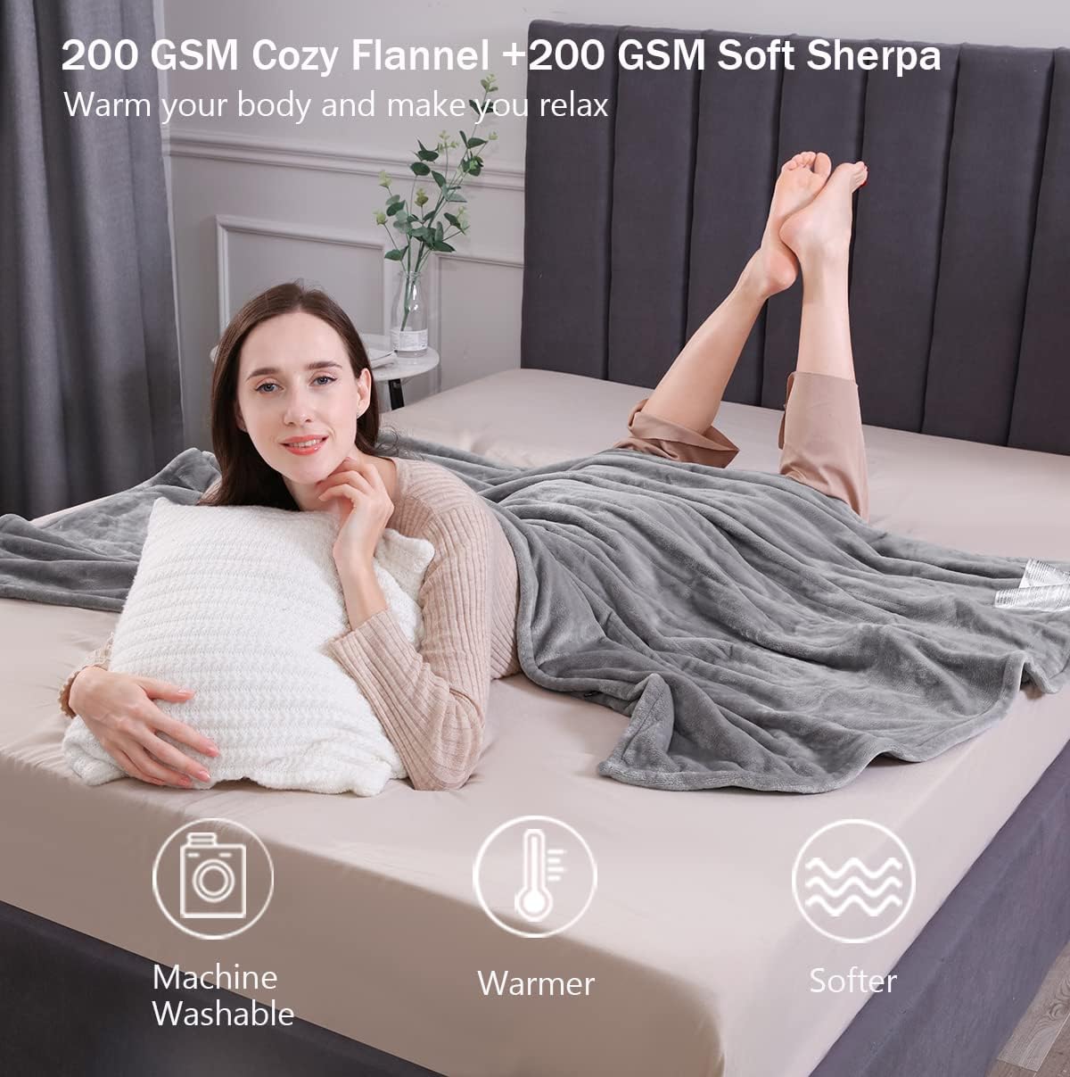 Dowin Electric Blanket Throw,Flannel & Sherpa Reversible Fast Heating 50" x 60" Heated Blanket, ETL Certification with 3 Heating Levels & 4 Hours Auto Off Machine Washable Home Office Use, Grey