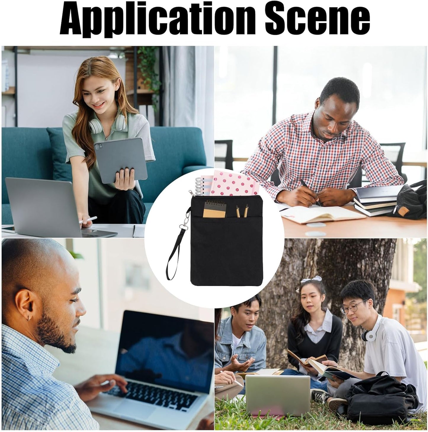 GLOBLELAND Black Waterproof Book Cover Bag with Zipper Hnadle for Book Lovers 12"x9.5" Canvas Paperback Cover Travel Book Pouch Protector with Front Pocket for Paperbacks Hardcover Books Gifts