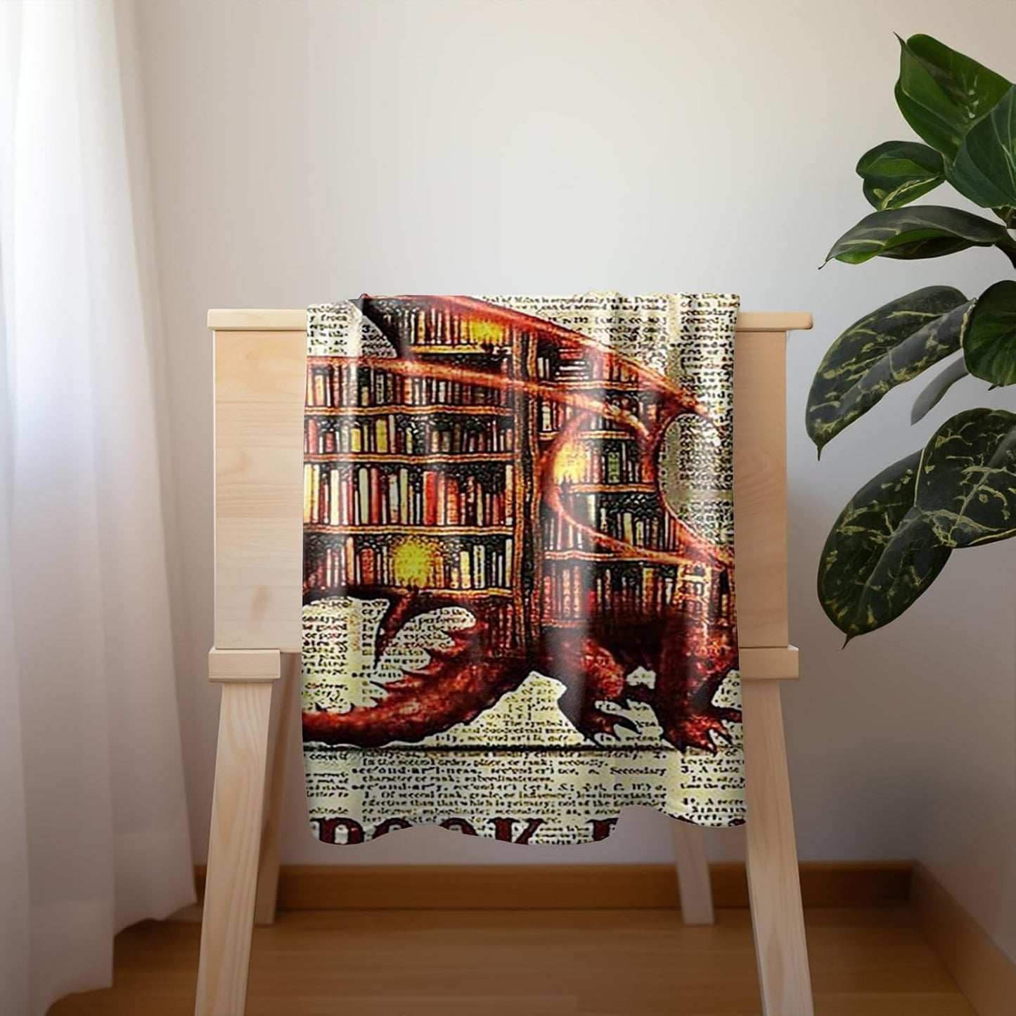 Book Dragon Fleece Blanket Cozy Throw for Book Lovers, Vintage Dragon Design on Text Background, Warm and Soft Reading Blanket for Home, Couch, or Bed (L80 xW60)
