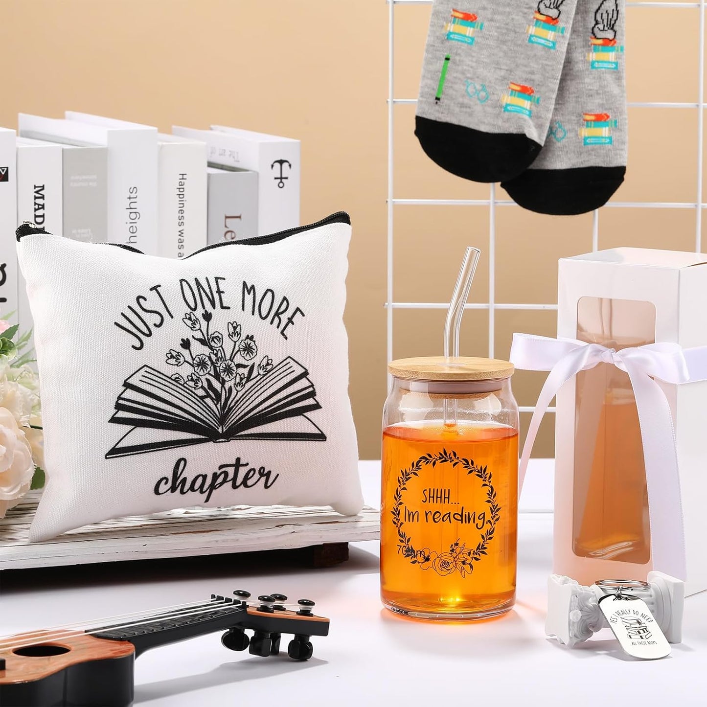 5 Pcs Book Lovers Gifts for Women Bookish Gifts for Readers Librarians Bookworms 16 oz Glass Cup Gift Box Makeup Bag Keychain Socks Birthday Presents for Book Lovers Women