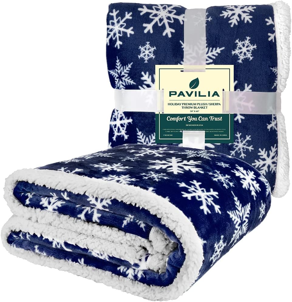 PAVILIA Blue Snowflake Christmas Sherpa Throw Blanket, Reversible Fleece Sherpa Cozy Holiday Blanket 60x80, Soft Winter Throw for Couch & Bed, Plush for Family Friends