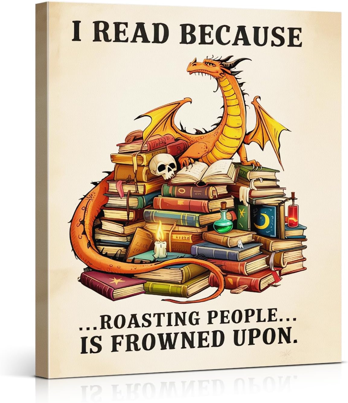 Vintage Bookish Dragon Wall Art Print - Funny Dragon Books Canvas Poster Painting - Book Lover Gifts Wall Decor for Home Reading Nook Library 8x10 Inch Framed
