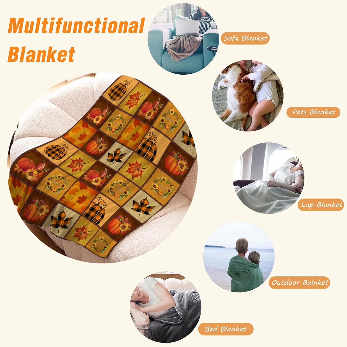 YeeJu Fall Decoraitve Throw Blanket Plaid Thanksgiving Autumn Cute Pumpkins Leaf Sunflower Blanket Couch Sofa Bed Living Room Soft Cozy Lightweight Fuzzy Plush Fleece Blankets and Throws 50x60