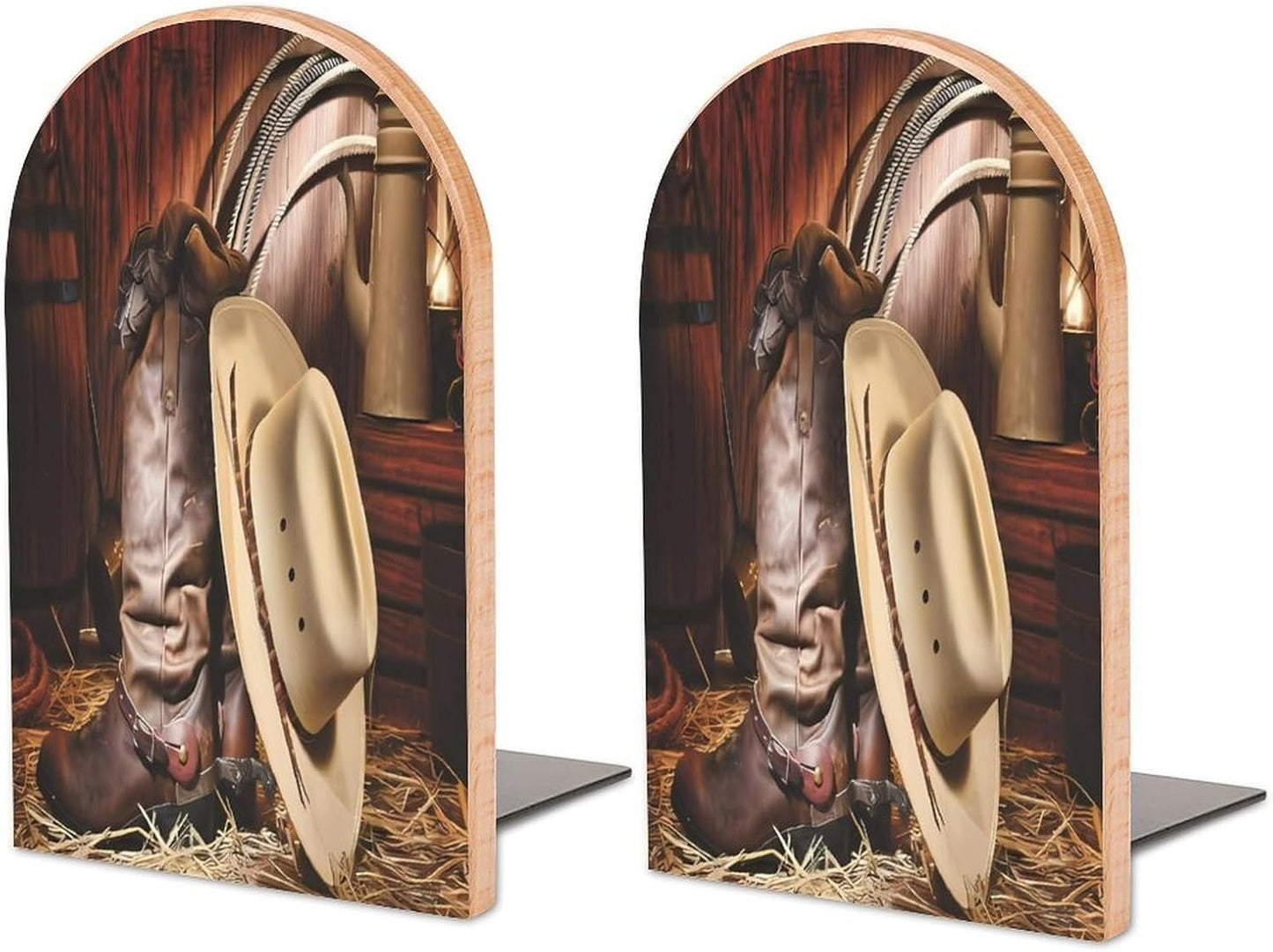 Cowboy Black Hat Western Boots Wooden Bookend Non-Slip Book Ends Heavy Duty Book Stopper with Metal Base Books Holderd Decorative Bookends Stands Firmly for Office Supplies