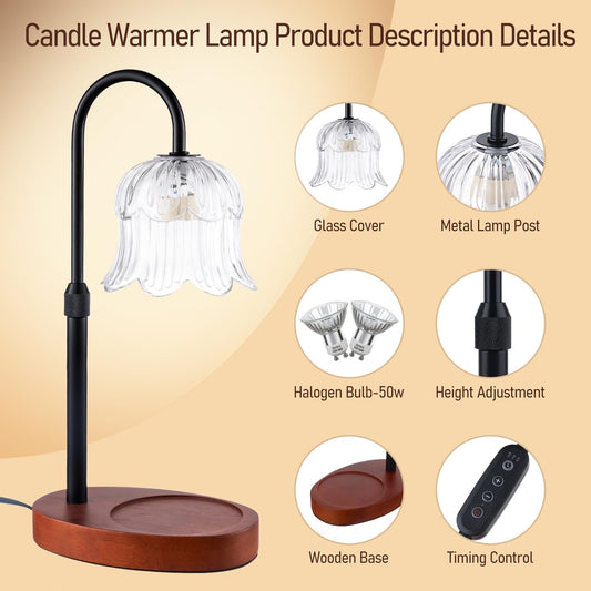 Candle Warmer Lamp with Timer: Adjustable Height Brightness Scented Candle Lamp Flameless Heating Suitable-Home Decor Living Room Bedroom Transparent Color