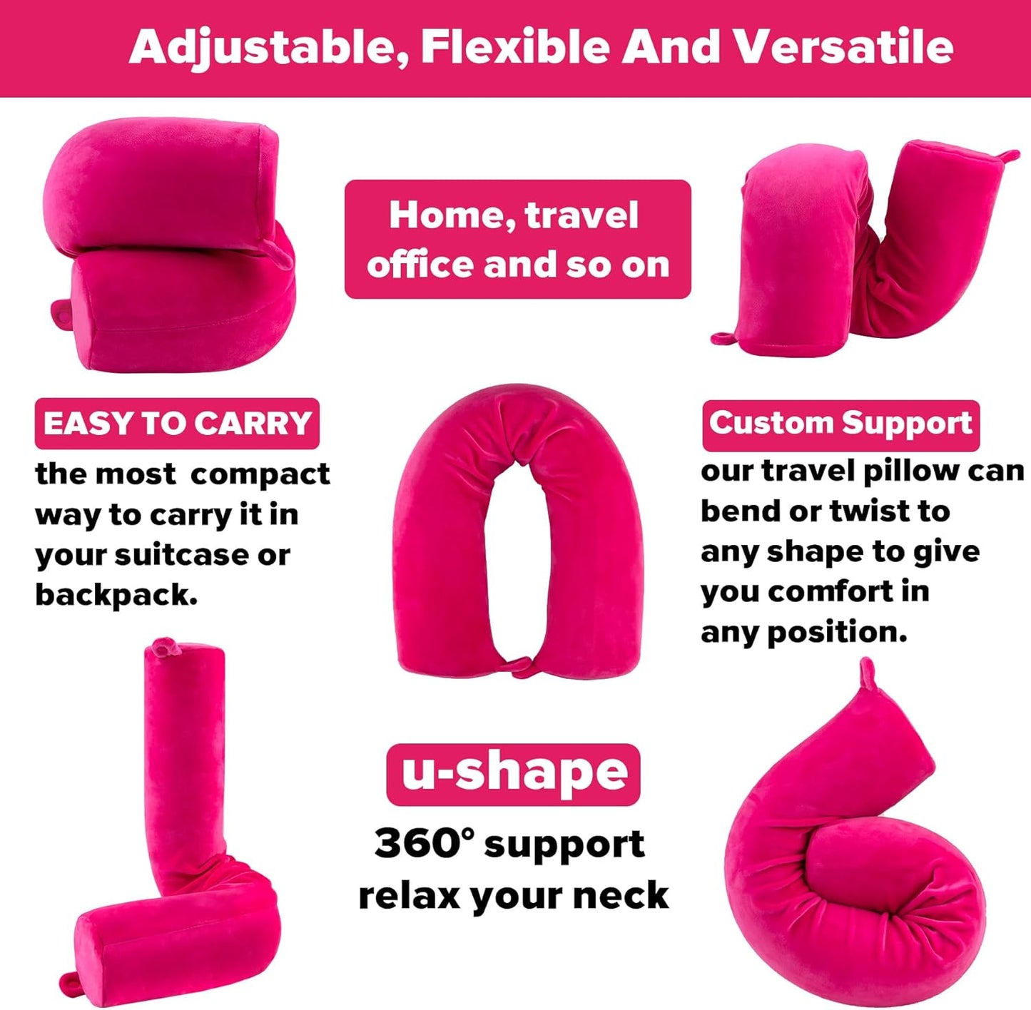 Twist Memory Foam Travel Pillow for Neck, Chin, Lumbar and Leg Support-for Travling on Airplane, Train, Bus or at Home-Adjustable, Bendable Roll Pillow with Washable Soft Cover