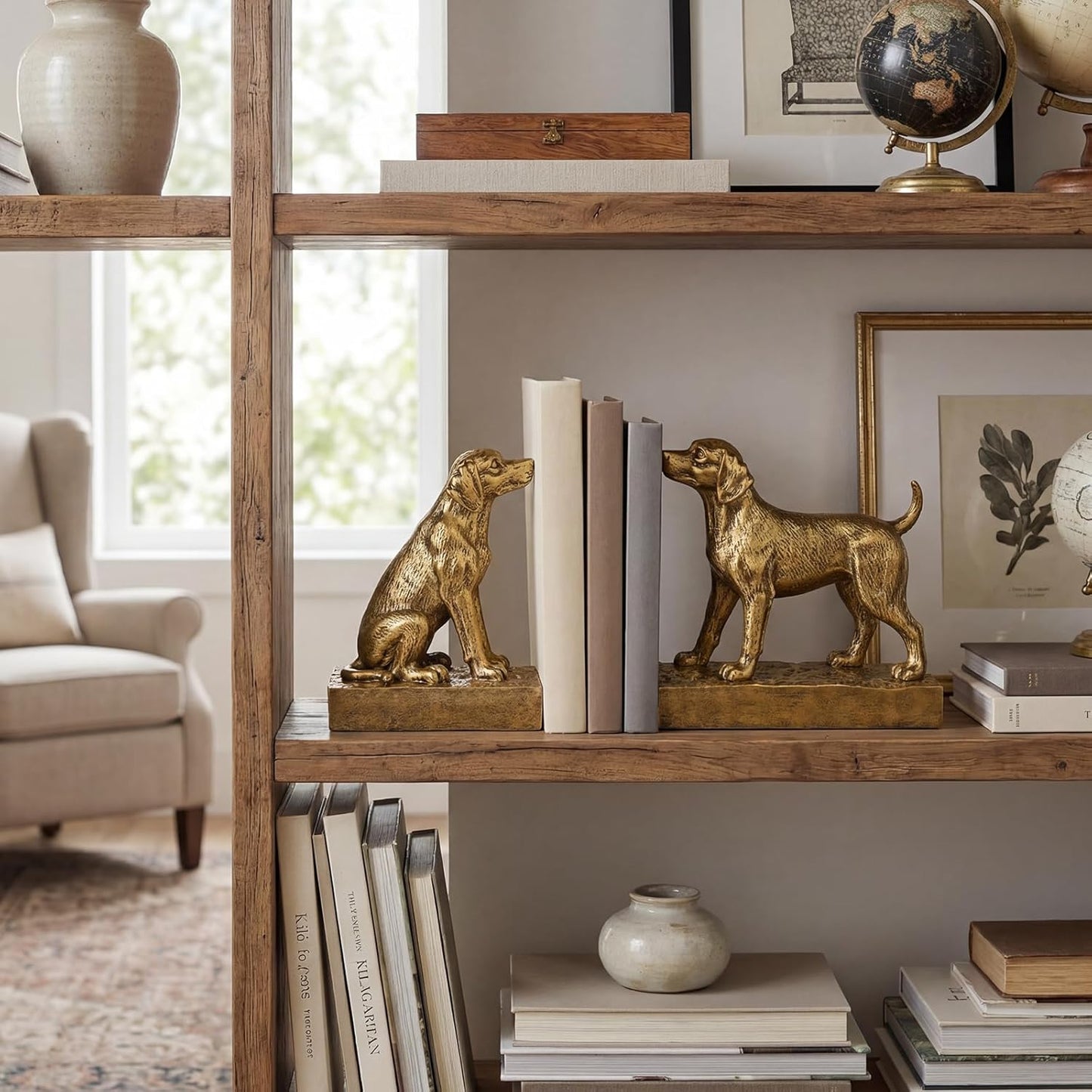 Decorative Bookends for Shelves, Labrador Dog Book Ends for Heavy Books, Lab Dog Statues Bookends for Heavy Books with Anti-Slip Base Book Holders for Home Office Decor (Gold)