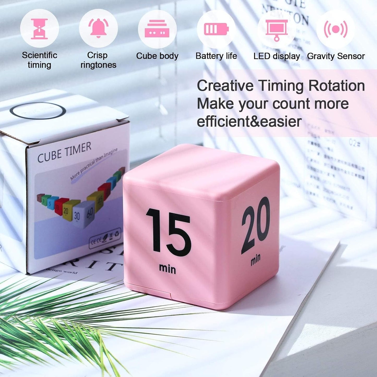 Weewooday Cube Timer, Gravity Sensor Flip Timer for ADHD Productivity, Classroom Kitchen Study Workout Cooking Desk Timers for Time Management, 15 20 30 60 Minutes Countdown Tool(Pink)