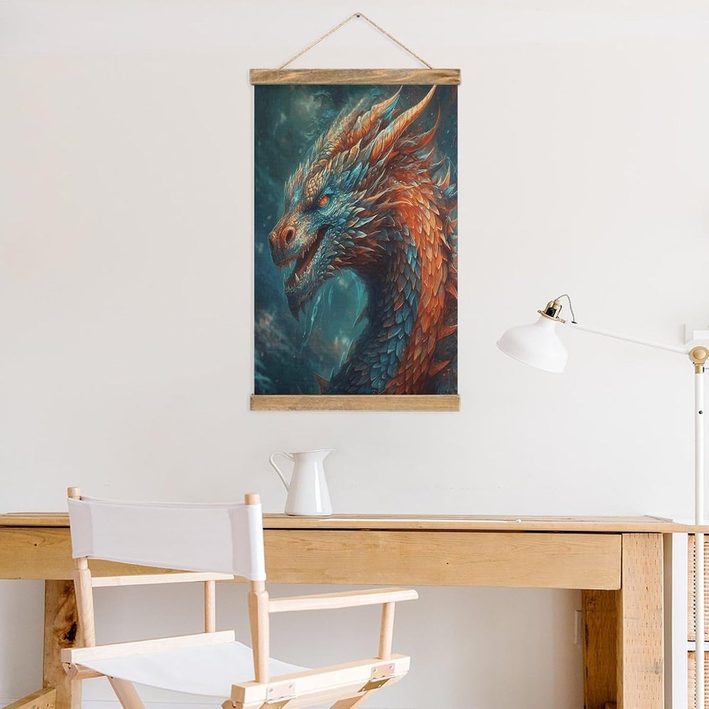Vintage Dragon Art Poster with Wooden Frame Personalized Linen Hanging Scroll Painting Rustic Wall Hanging Illustrative Modern Artwork Decor for Home Living Room Bedroom Office