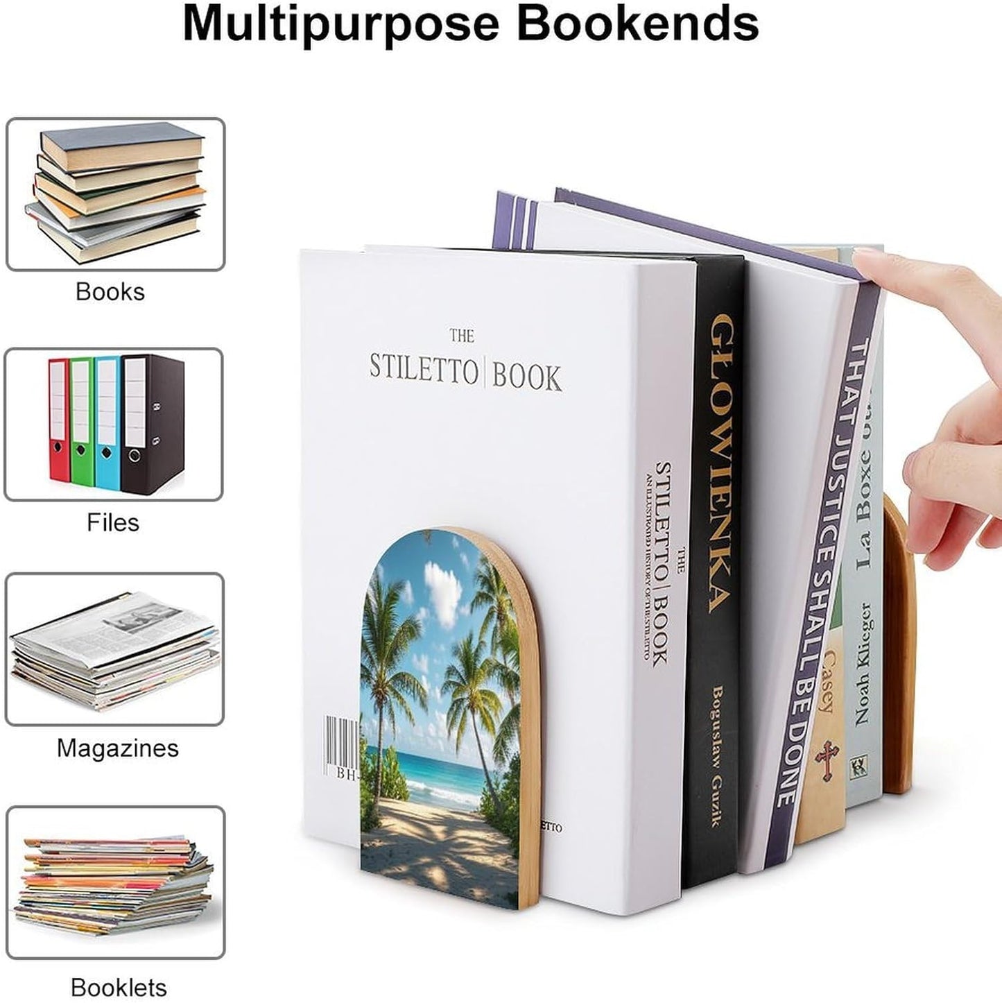 Green Palm Trees Ocean Bookends 1 Pair Heavy Duty Book Ends for Shelves Non-Skid Bookend Supports Wooden Book Holders with Metal Base Desk Organizers Books Storage to Hold Books