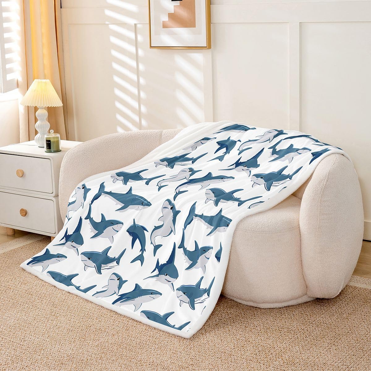 Feelyou Shark Sherpa Throw Blanket for Couch Ocean Sea Shark Lover Gifts Super Soft Cozy Fleece Underwater Animal Blanket for Winter, Plush Throw Ocean Blue Twin 60"x80" Nautical Marine All Season