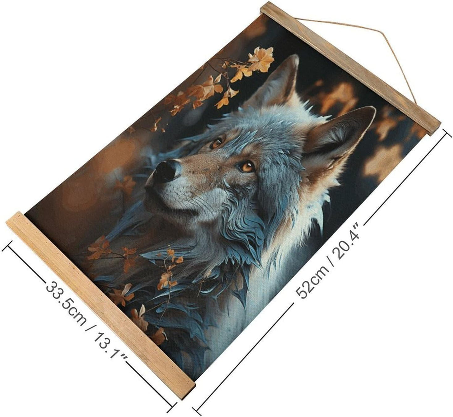 Vintage Autumn Leaves And A Wolf Poster with Wooden Frame Personalized Linen Hanging Scroll Painting Rustic Wall Hanging Illustrative Modern Artwork Decor for Home Living Room Bedroom Office