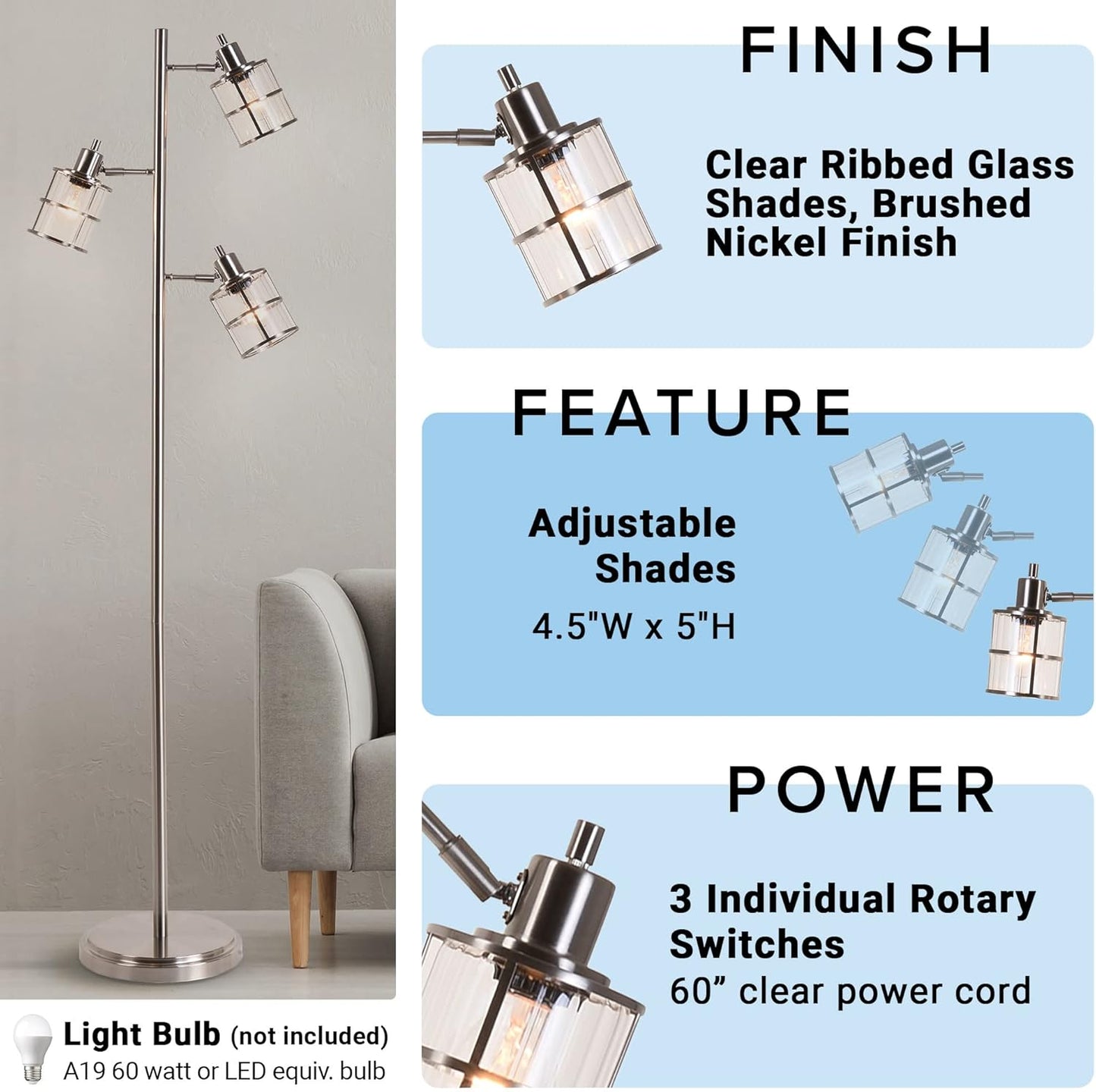 Catalina Lighting Modern 3 Light Floor Lamp with Adjustable Ribbed Glass Shades & Reading Light, 68", Classic Brushed Nickel