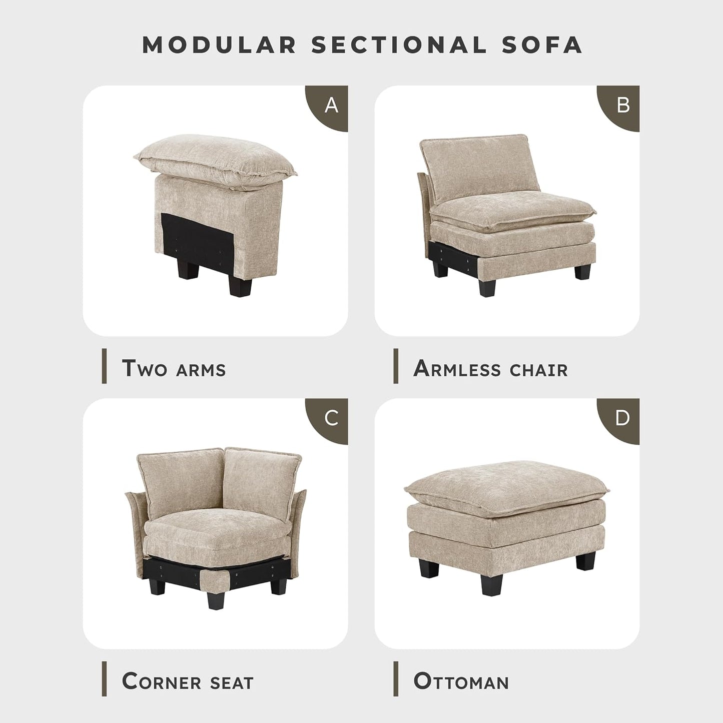 Lexicon Chenille Upholstered Rectangle Ottoman, Foot Stool, Black Faux Wood Feet, Durable Frame, Large Padded, Modular Sectional Couch Add Ons for Living Room, Bedroom, Assembly Required, Light Taupe