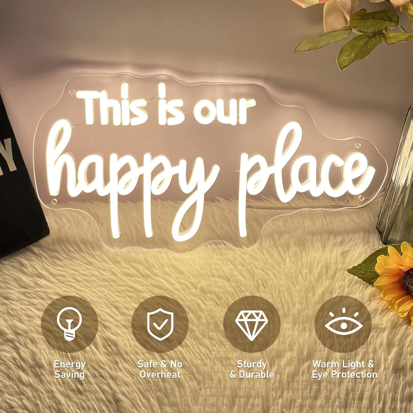This is Our Happy Place Neon Sign Happy Place Neon Signs for Wall Decor Dimmable Warm White LED Signs for Bedroom Classroom Man Cave Home Bar Birthday Party Decor Neon Classroom Sign