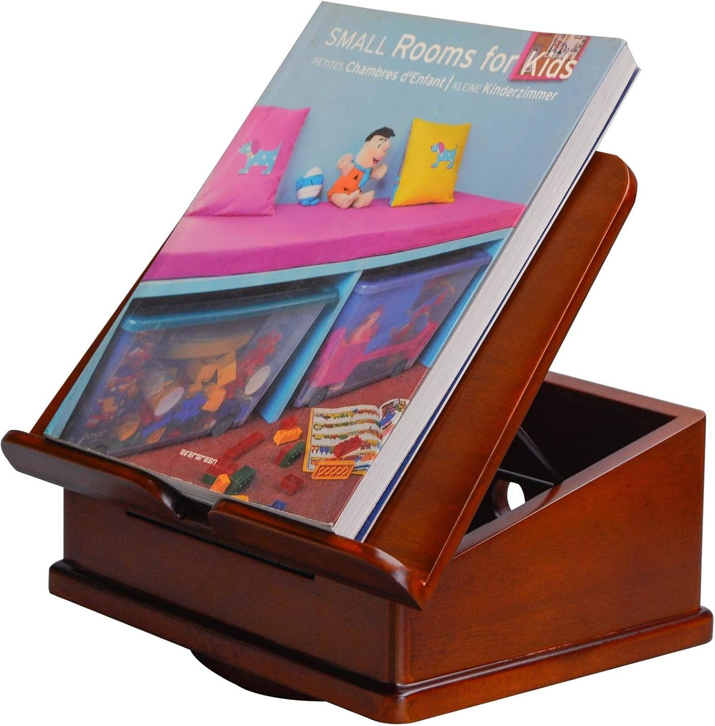 Wooden Book Stand for Cookbook Textbook and Tablet, Adjustable Angles, Spacious Storage Case, Carousel Base (Dark Cherry)