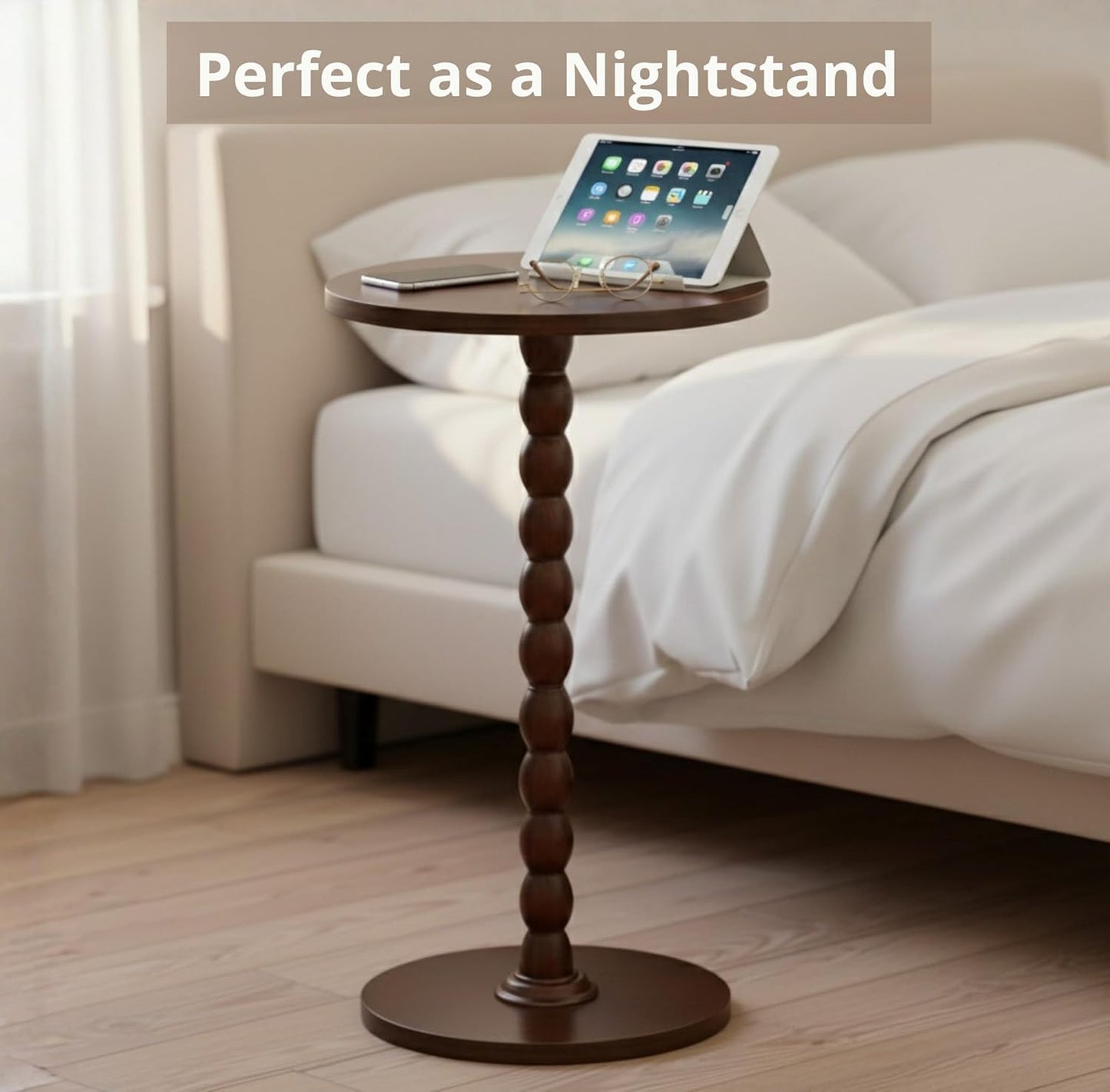 Round Wooden Small Side Table for the Living Room, Modern Pedestal Side Table for Small Spaces, Drinks, Corner, Accent Piece, and Compact Nighstand Bedroom, Tool-Free Assembly Easy, Walnut