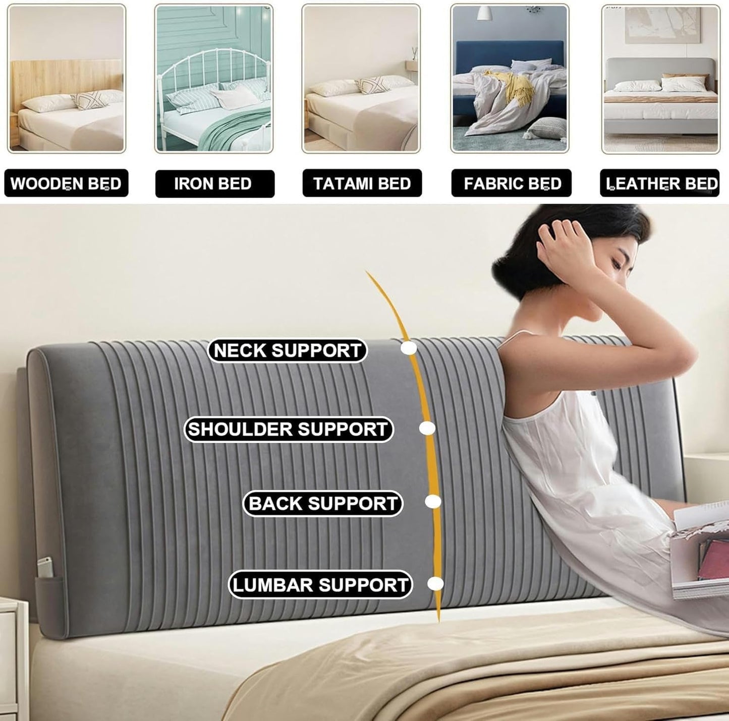 AMNOOL Large Bed Backrest Headboard Cushion Wall Pillow Headboard Bed Rest Pillow Neck Lumbar Support Pad Removable Cover Home Dorm Daybed Tatami Cushion