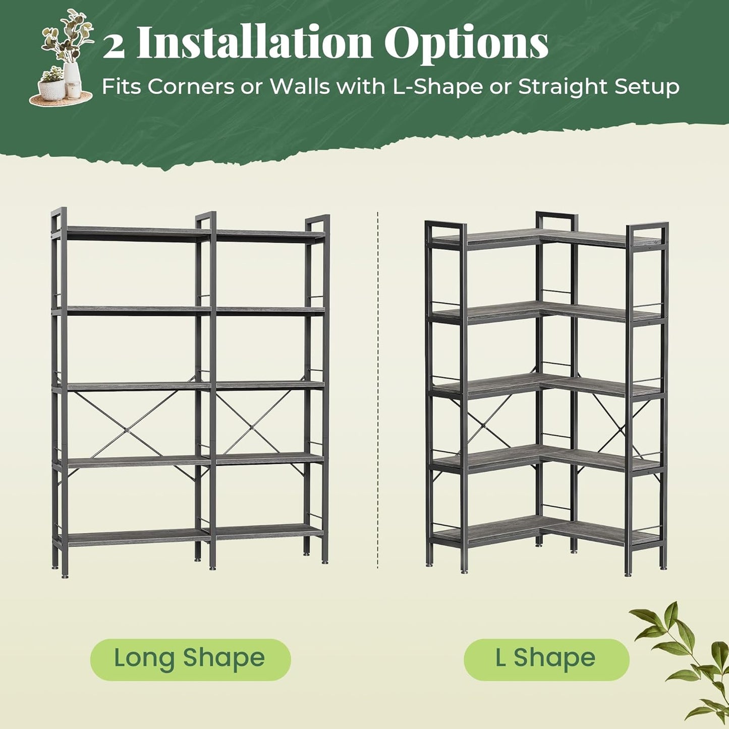 Huuger 5 Tier Bookshelf, L Shaped Corner Bookshelf with 10 Open Shelves, 49.4 Inch Straight Wide Bookcase with Metal Frame and Wooden Board, Adjustable Feet, Grey