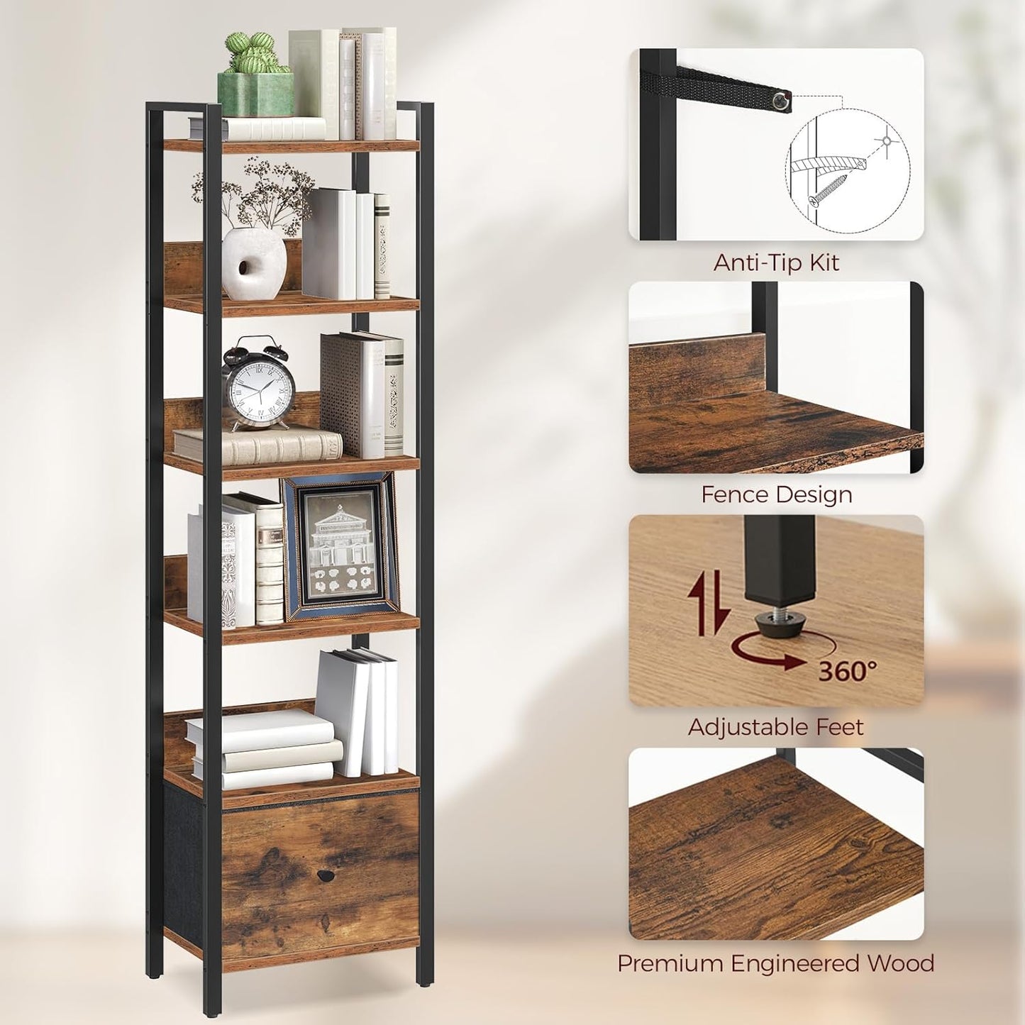 Bookshelf, 6-Tier Bookcase with Drawer, Small Book Shelf for Small Space, Storage Shelf Organizer, for Living Room, Bedroom, Study, Kitchen, Rustic Brown and Black BKHR66101