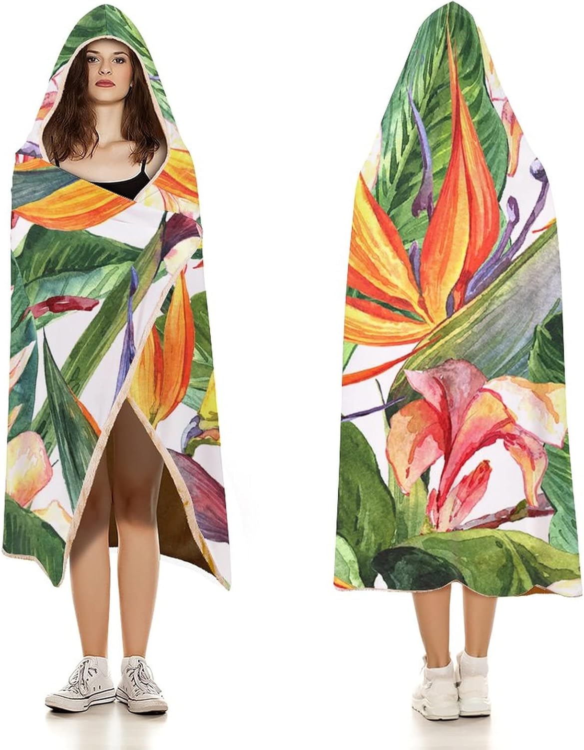 Throw Blankets, Tropical Women Men Hooded Blanket, Exotic Flowers Bird of Paradise, Soft Warm Cozy, 40 x 50inches, Studying Reading Snuggling Napping Office, Multicolor