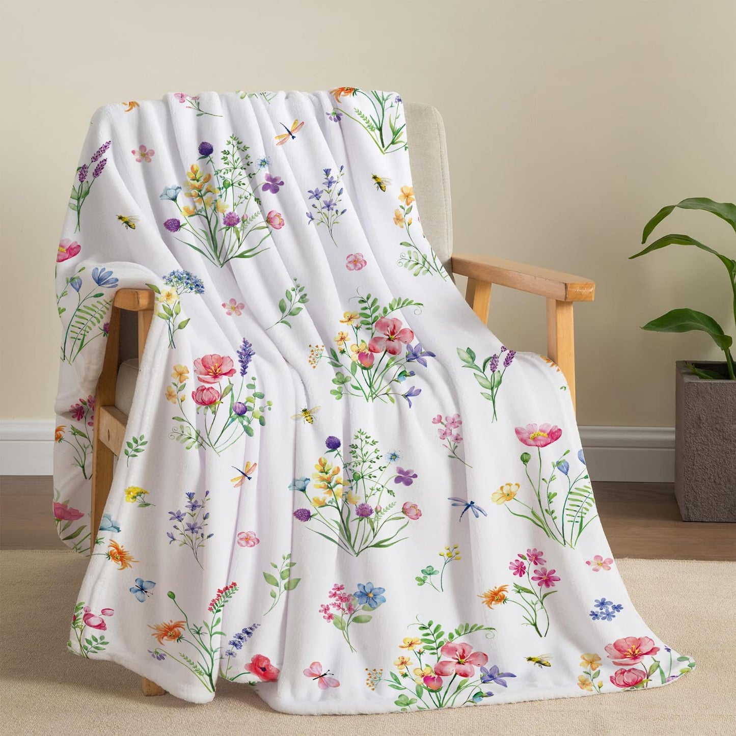 Colorful Wildflowers Throw Blanket Botanical Plant Bed Blanket Watercolor Floral Flower Blankets Soft Flannel Fleece Throw Blanket Boho Cozy Fluffy Plush Blankets 60" X 80"