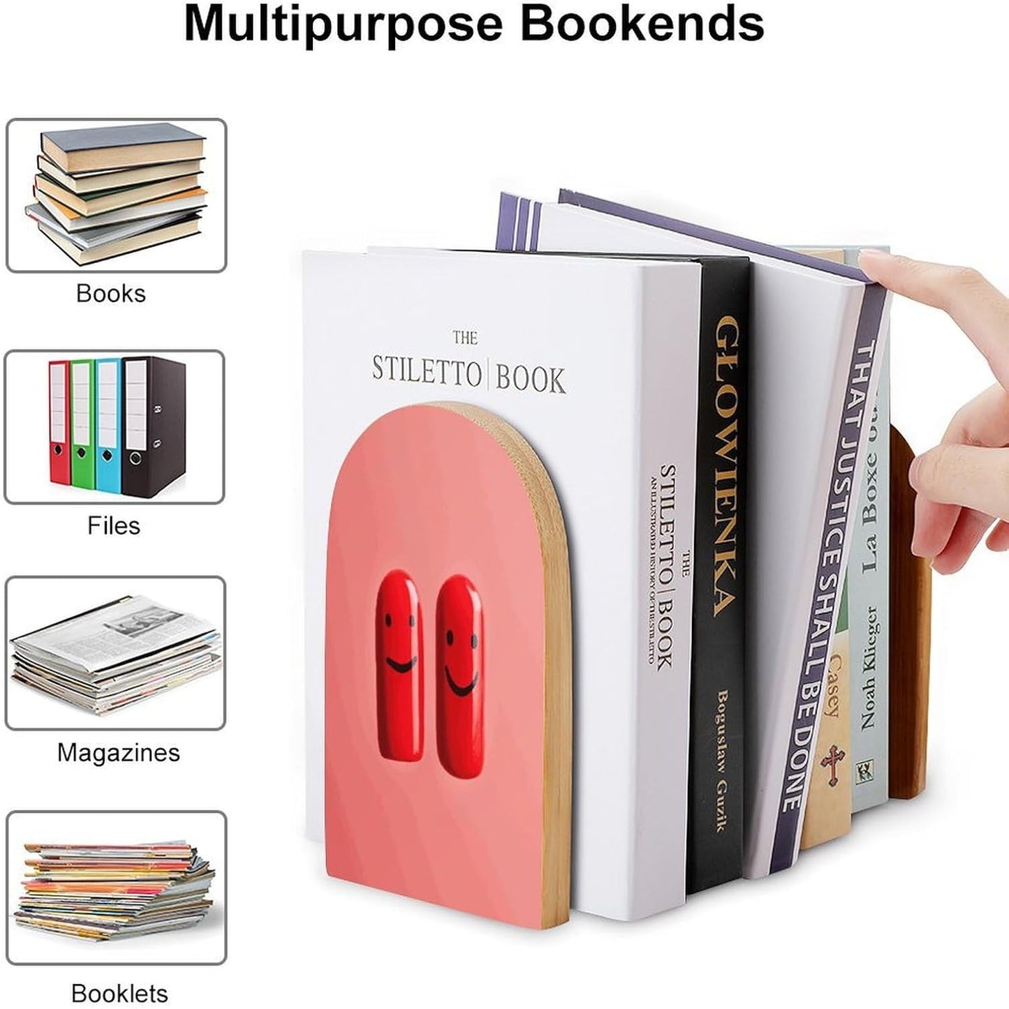 Red Smile Wooden Bookend Non-Slip Book Ends Heavy Duty Book Stopper with Metal Base Books Holderd Decorative Bookends Stands Firmly for Office Supplies