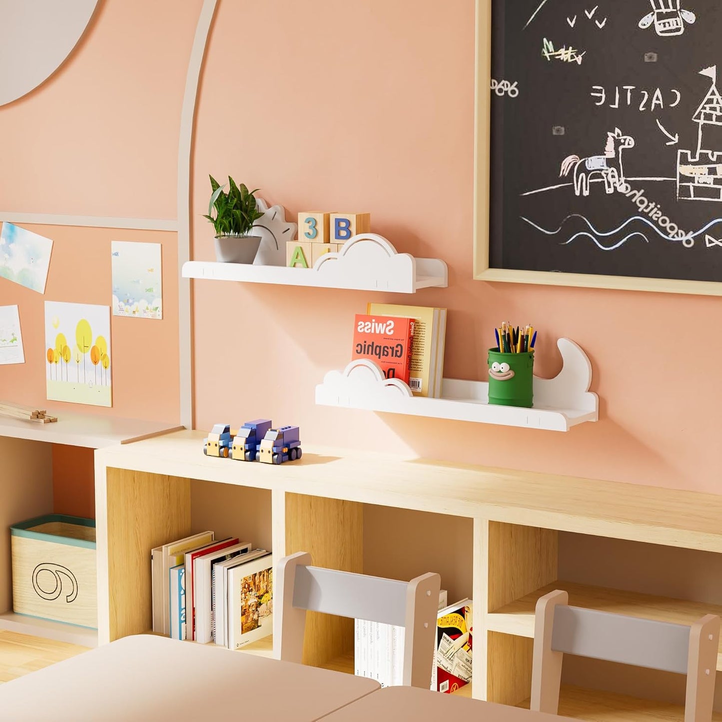 Cute Wall Shelves for Room Decor 2 Pack, White Sun&Moon Bookshelf 16’’L U-Shaped Floating Shelf Wall Mounted, Cute Decorative Cloud Shelves for Books,Plants,Figure, Storage Shelves for Living Room