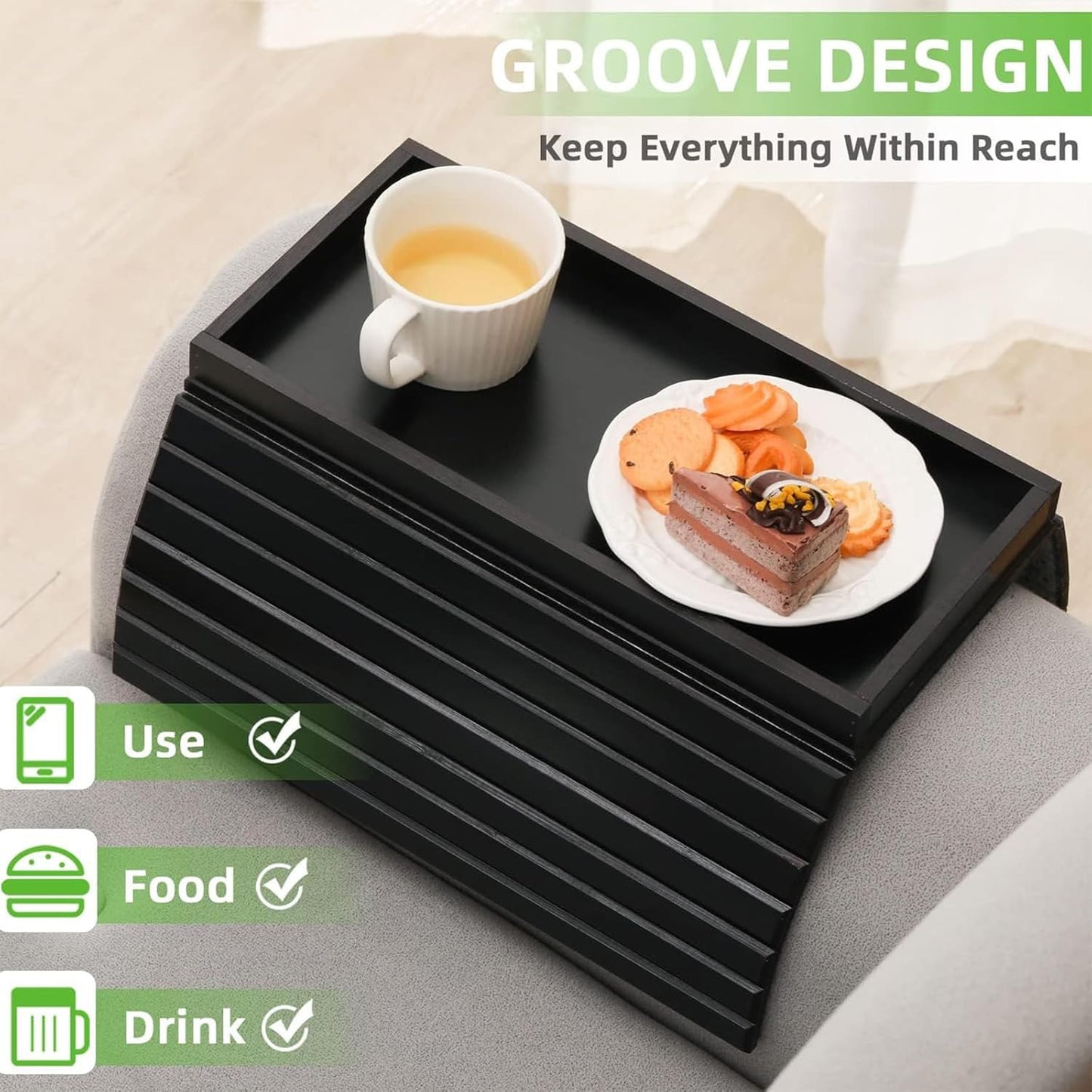 LESSF Couch Armrest Table, Bamboo Couch Arm Tray Sofa Arm Tray with Cup Mats, Anti-Slip Arm Chair Table Trays Sofa Side Table Sofa Arm Table for Remote Control, Drinks, Snacks, Phone, Cups (Black)