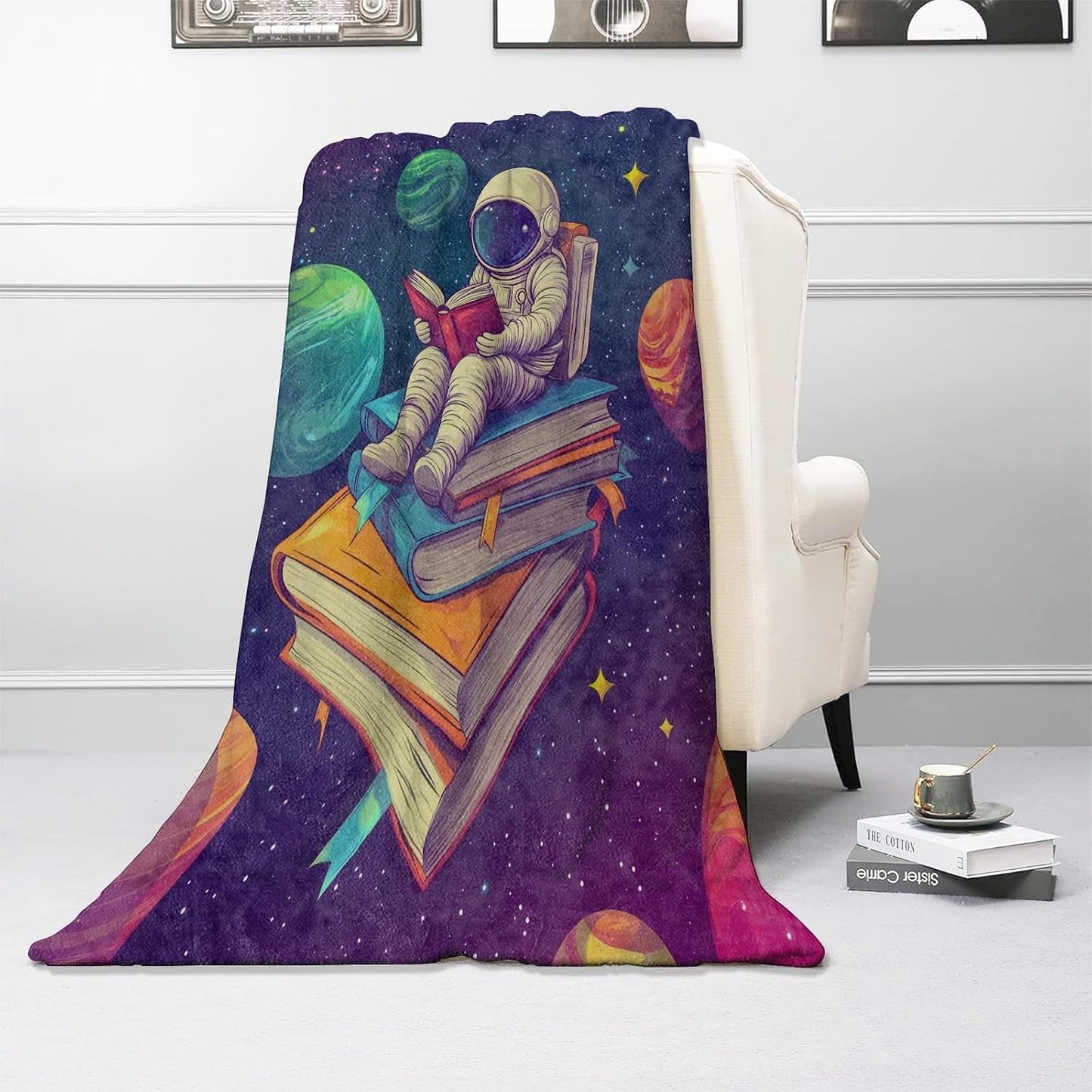 Space Reading Astronaut Blanket, Soft & Warm Flannel Throw - Cozy Lightweight Blankets for Travel, Decor, Bedroom, Office, Sofa for Adults Kids - Ideal for All Seasons 60"×50"