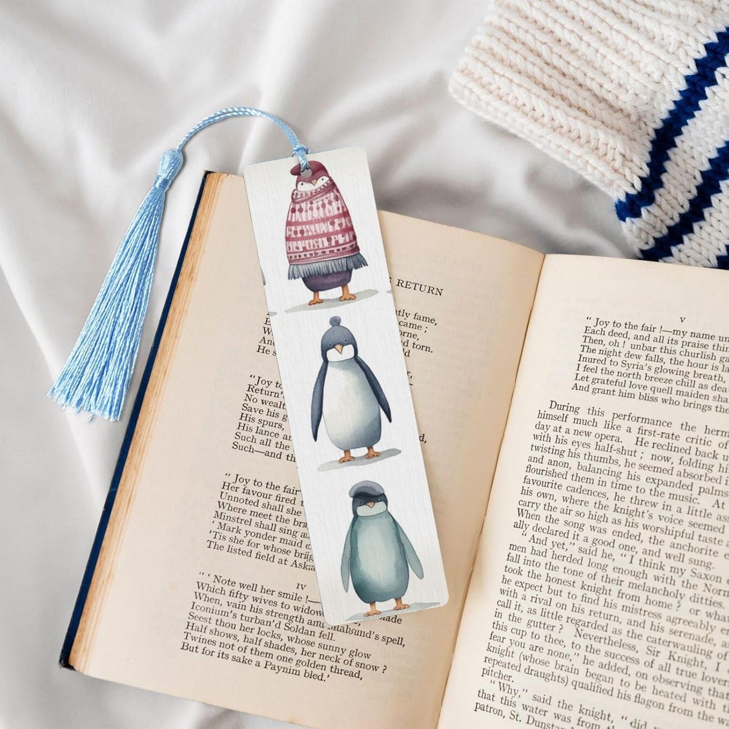 Penguin Wearing Clothes Bookmarks Gifts for Women Men, Wooden Bookmarks for Book Lovers, Vintage Book Marks Ornaments with Tassel, Unique Personalized Reading Page Markers Sky Blue