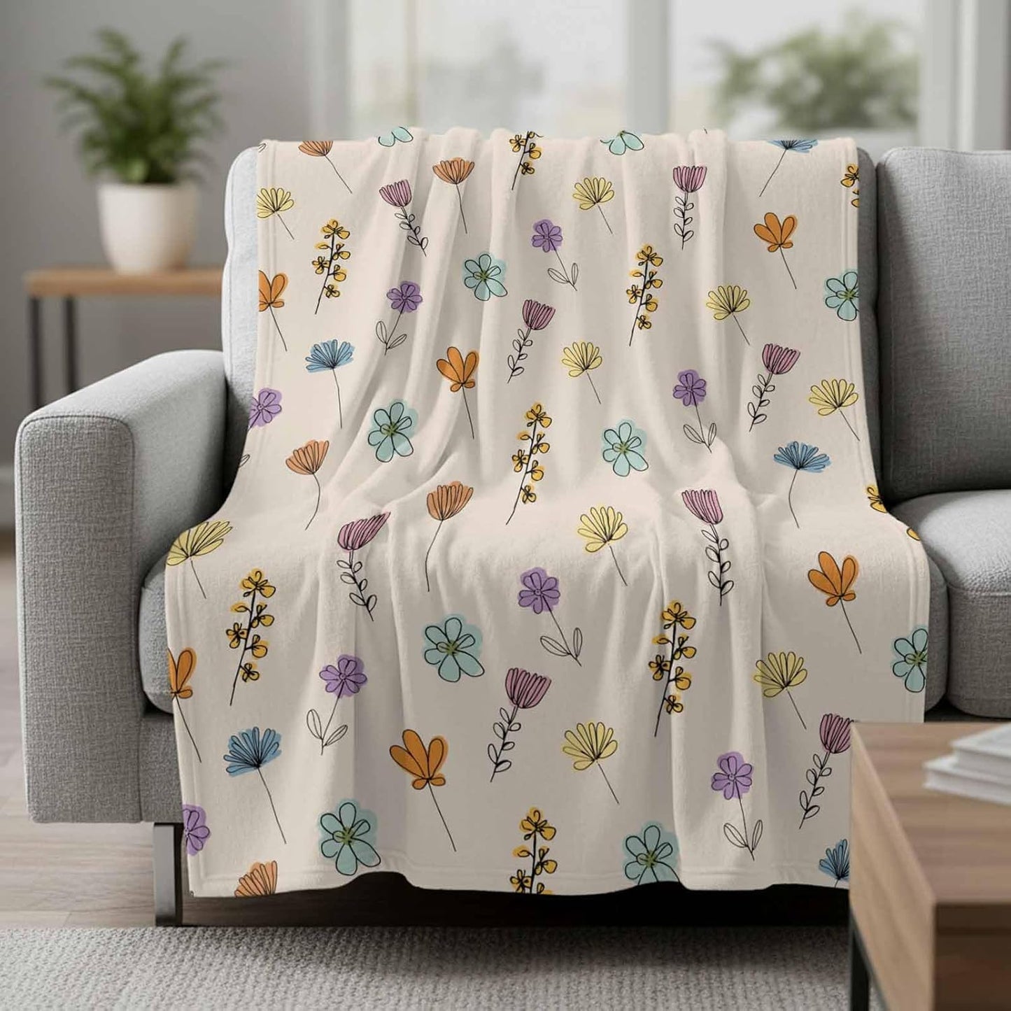 Spring Plant Throw Flannel Blanket 40x50In, Yellow Pink Purple Flower Farm Floral Beige Super Soft Cozy Bed Blanket, Lightweight Plush Fuzzy Bed Throw for Bedroom Sofa Couch Living Room