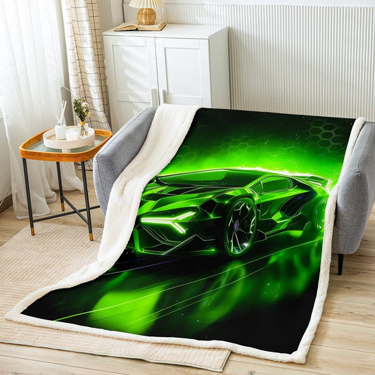 Feelyou Kids Boys Race Car Fleece Throw Blanket Green Sports Car Sherpa Blanket for Kids Teens Boys Girls Extreme Sports Theme Plush Blanket Speed Luxury Car Fuzzy Blanket for Sofa Bed Couch 60"x80"